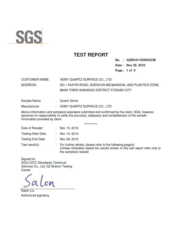 Avant Quarz. SGS-Prüfzertifikat